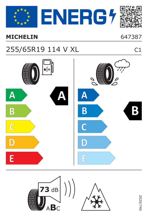 Étiquette UE 647387 pour Michelin CrossClimate 3 255/65 R19 114V XL Reifen Michelin CrossClimate 3 255/65 R19 114V XL