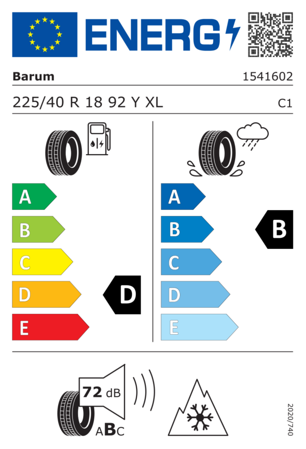 Étiquette UE 1541602 pour Barum QUARTARIS 6 225/40 R18 92Y XL EV FR Barum QUARTARIS 6 225/40 R18 92Y XL EV FR - Image 2